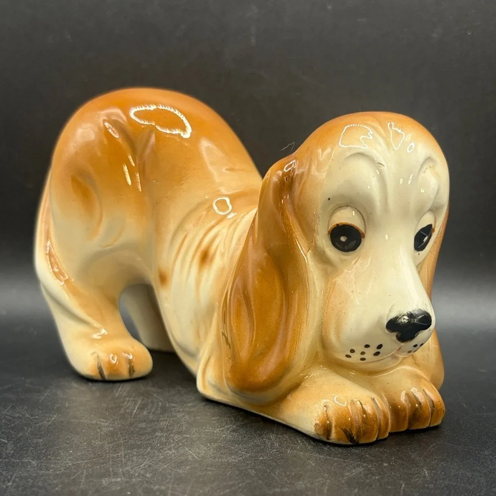 Vintage Hand Painted Ceramic Basset Hound Dog Puppy Figurine Collectible Figure